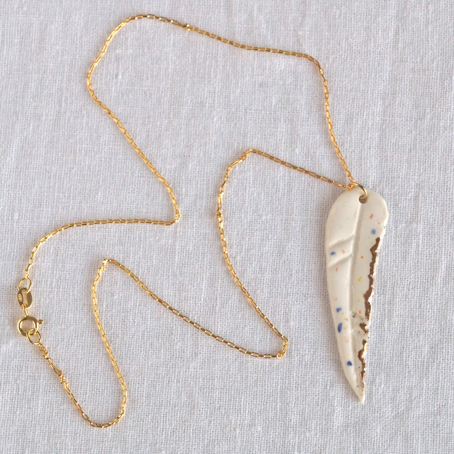 White porcelain feather, dainty feather necklace, gold lustre, 925 sterling silver, Vanillakiln, gold vermeil, First annivers