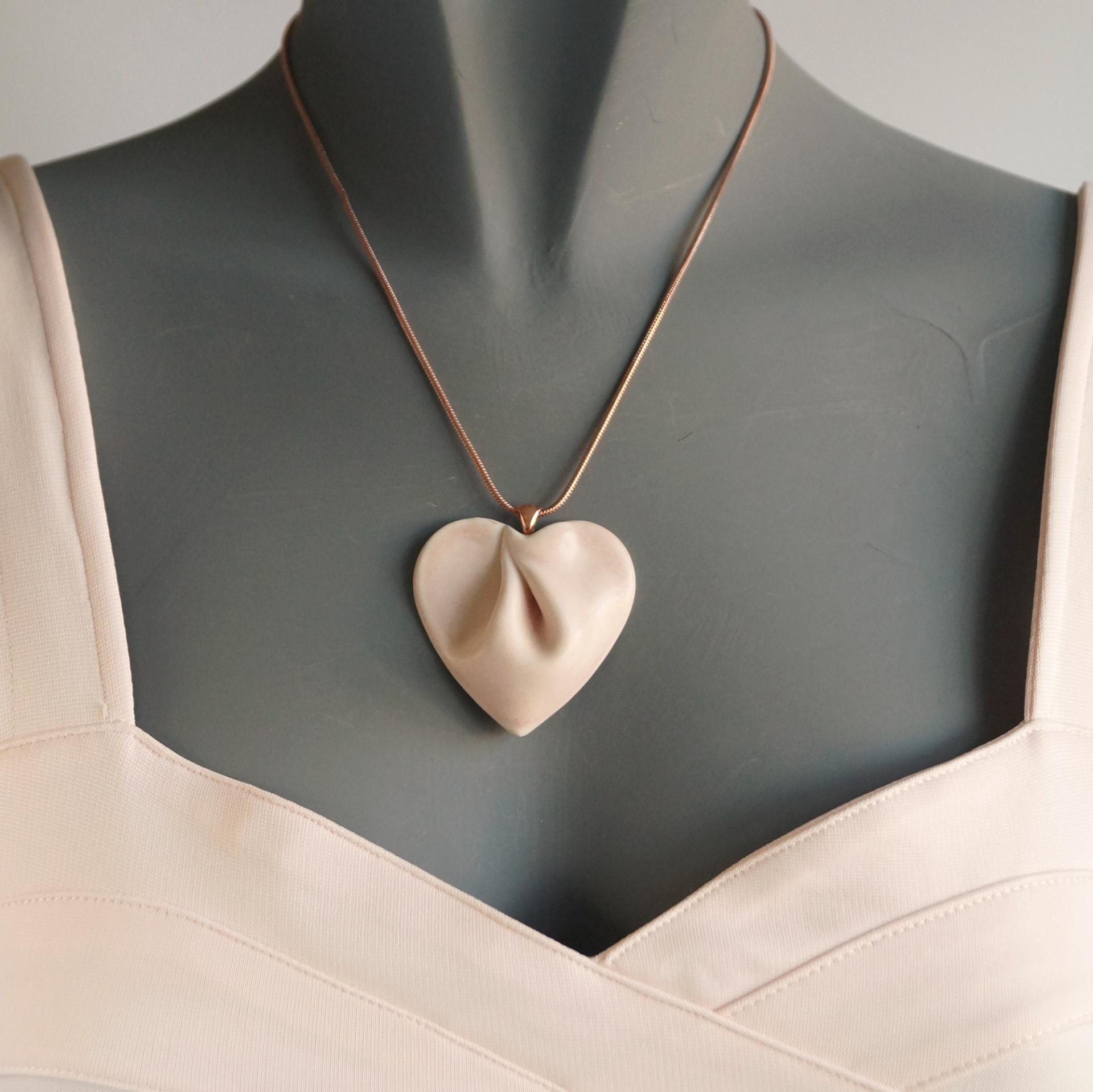 porcelain gift, draped heart necklace, pink satin, snake chain, rose gold necklace, stainless steel, omega necklet, VanillaKi