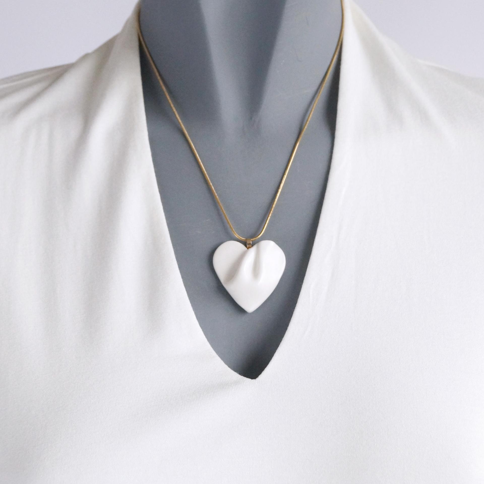 Bride necklace, white satin, draped heart, porcelain heart, heart necklace, gold, stainless steel, snake chain, Vanillakiln, 