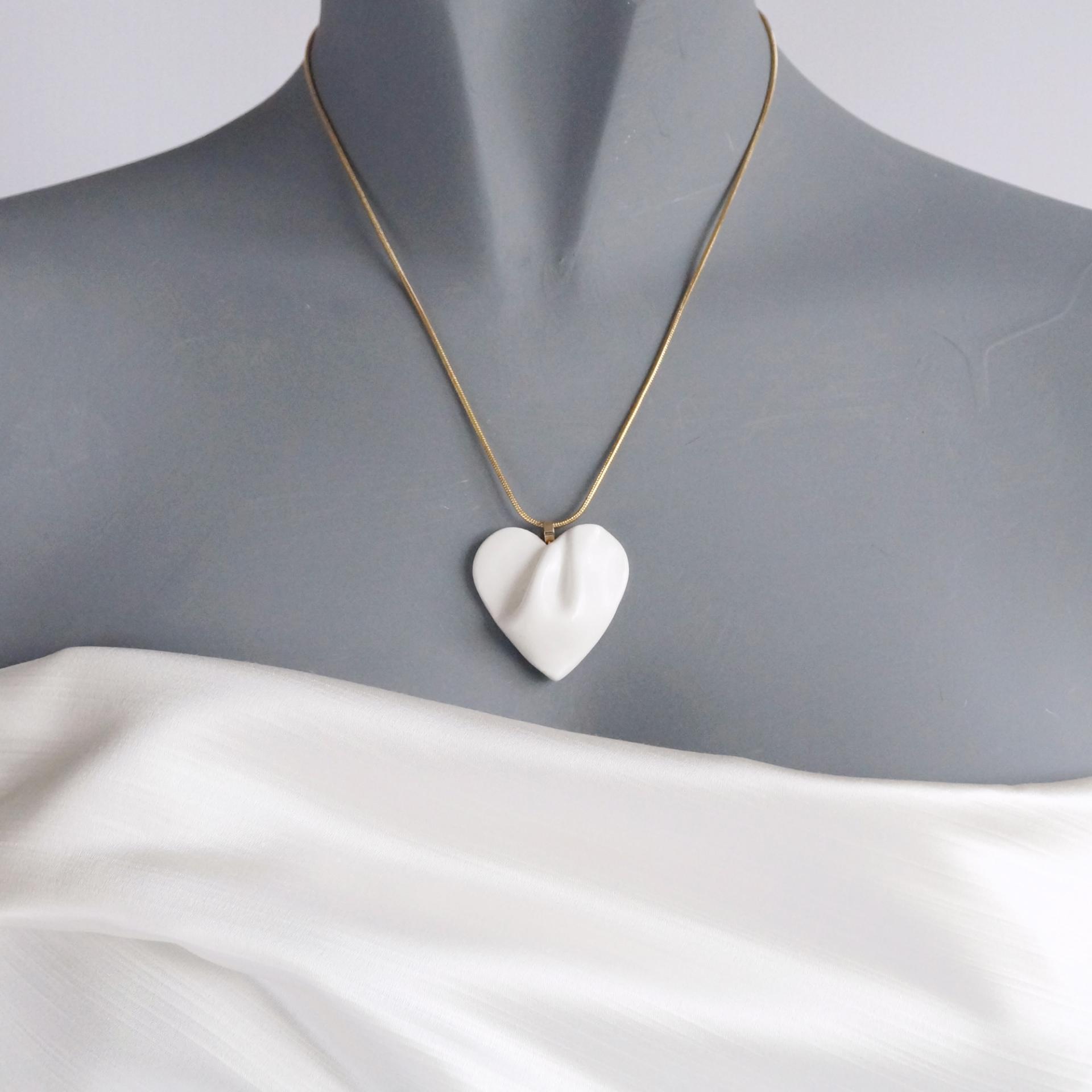 Bride necklace, white satin, draped heart, porcelain heart, heart necklace, gold, stainless steel, snake chain, Vanillakiln, 