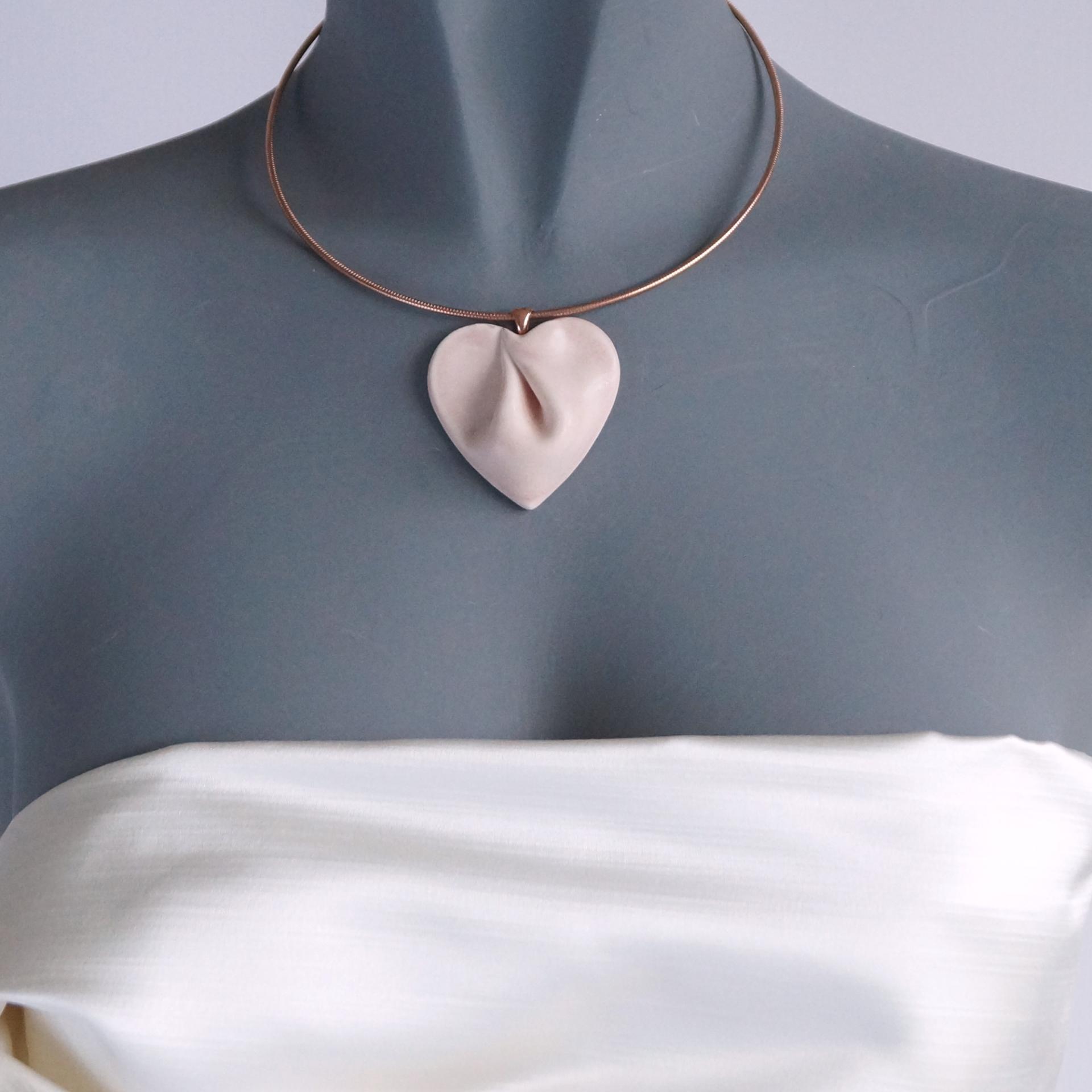 DRAPED heart necklace, large pink porcelain, choose rose gold chain