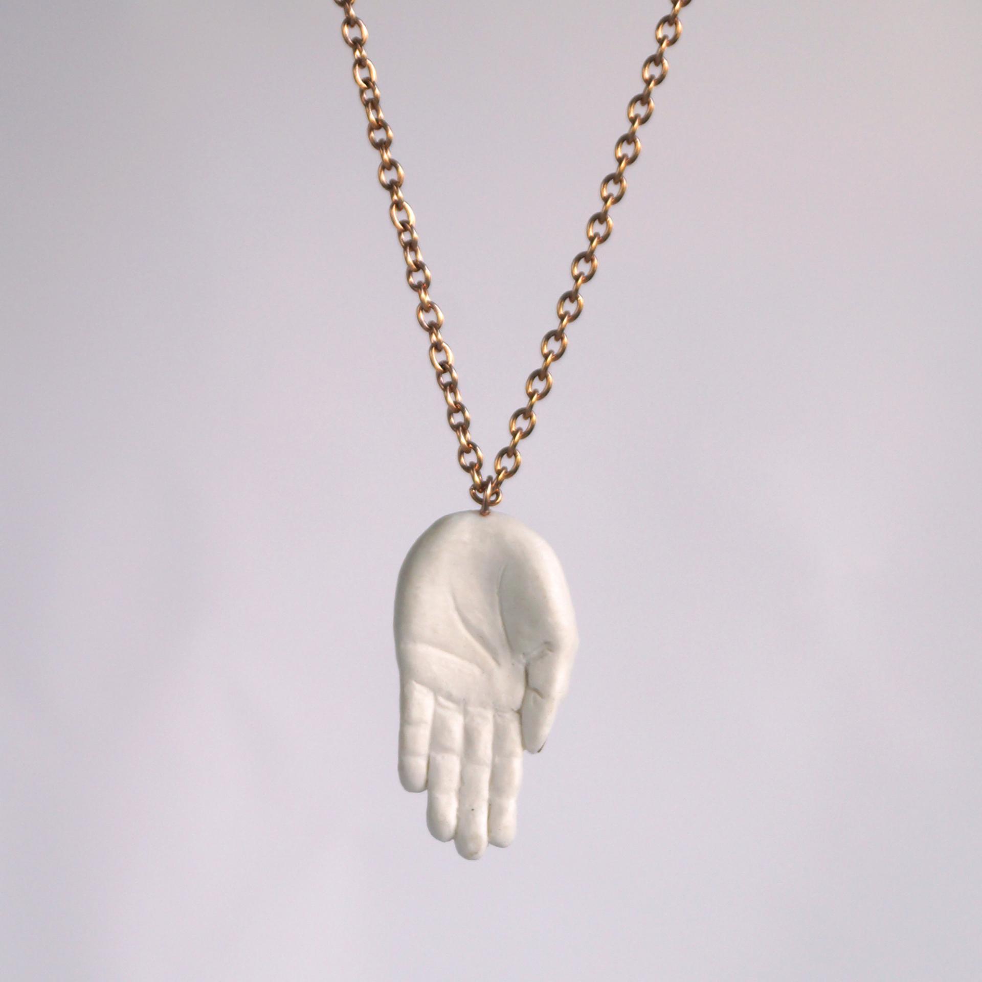 sculpted porcelain hand, hand sculpture, hand pendant, hand necklace, gold lustre porcelain, rose gold necklace, rose gold li