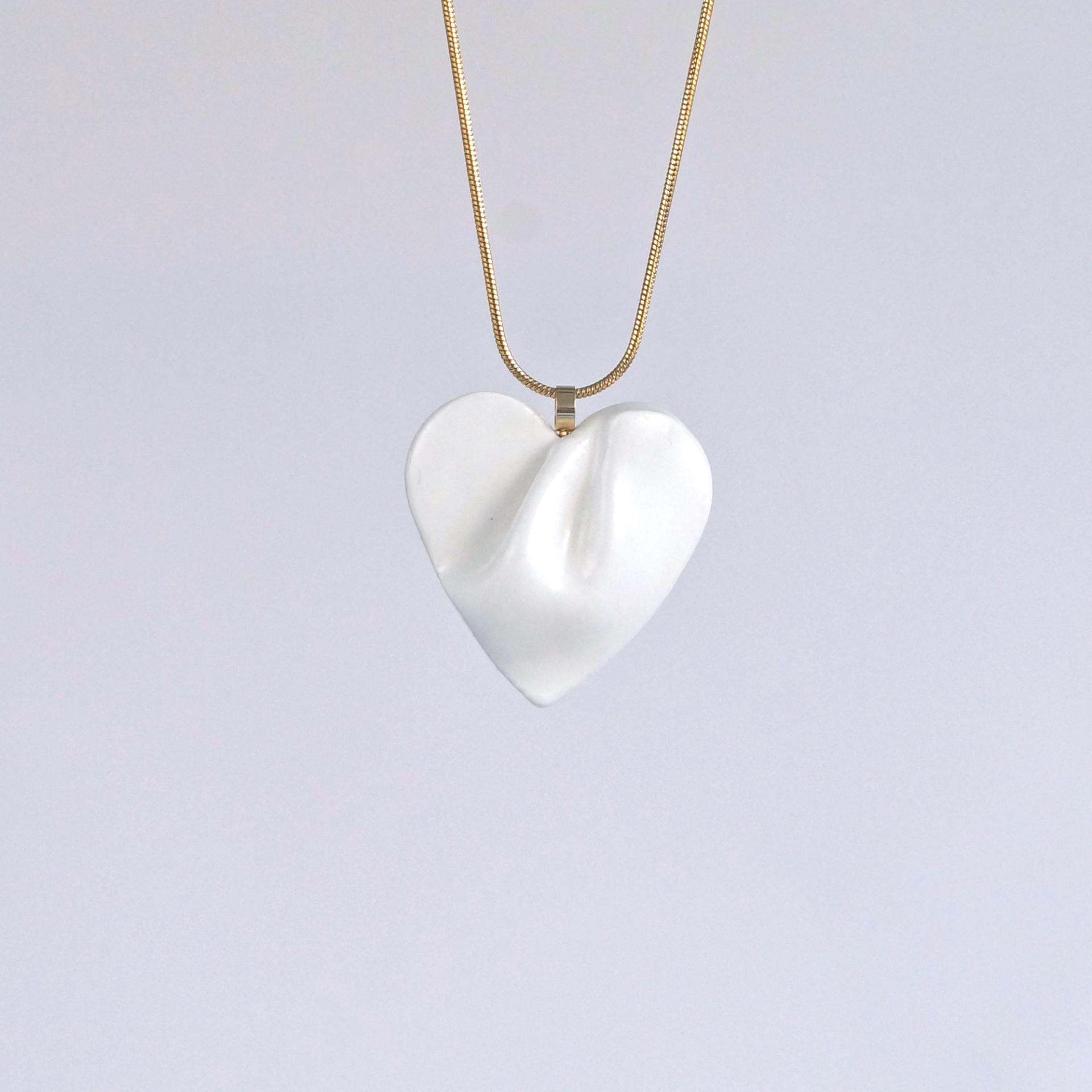 Draped porcelain HEART necklace, medium white porcelain heart, gold, stainless steel snake chain, Bride necklace, white satin
