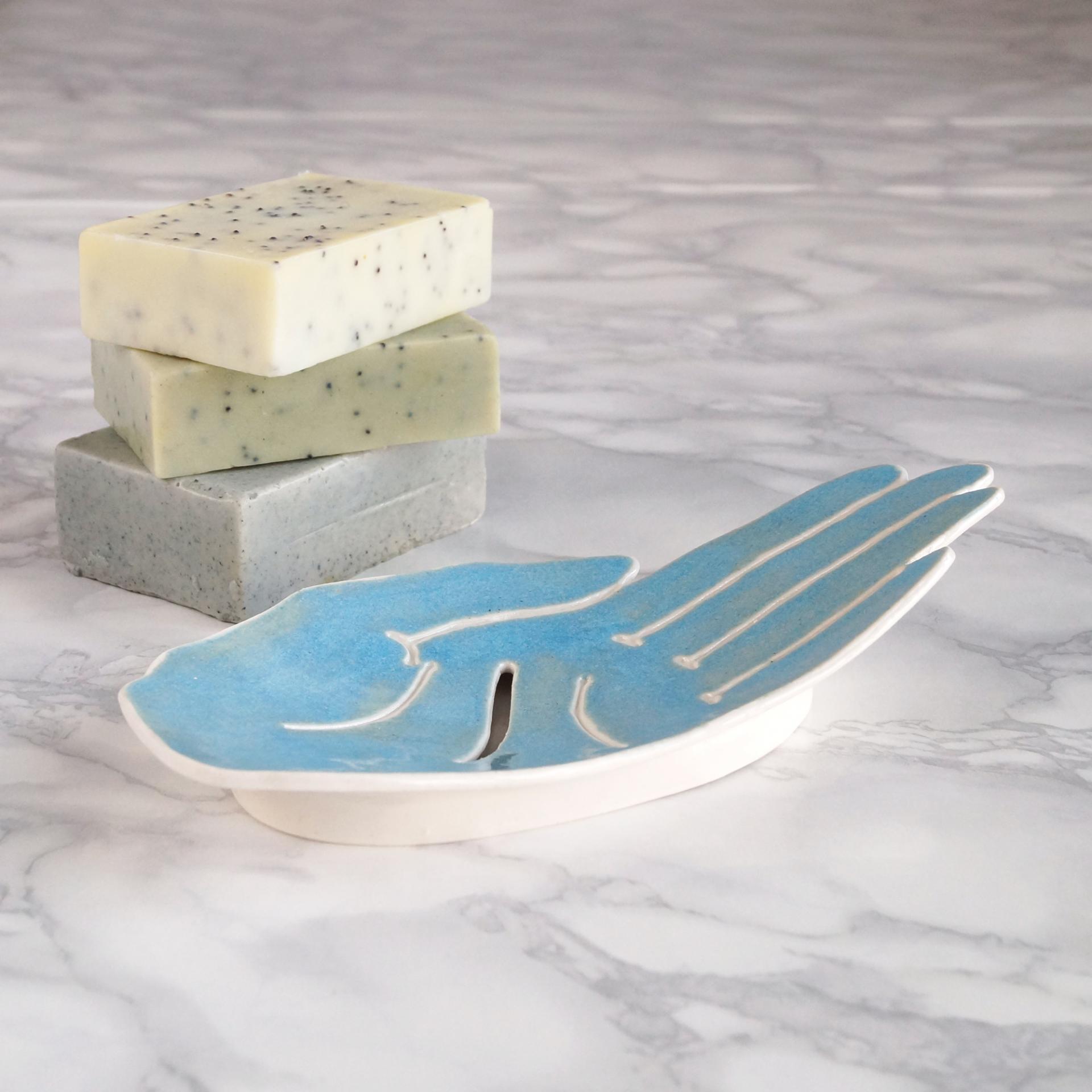 ceramic, HAND soap dish, white porcelain, blue lake, Vanillakiln, UK, porcelain hand, ceramic hand, blue soap dish,