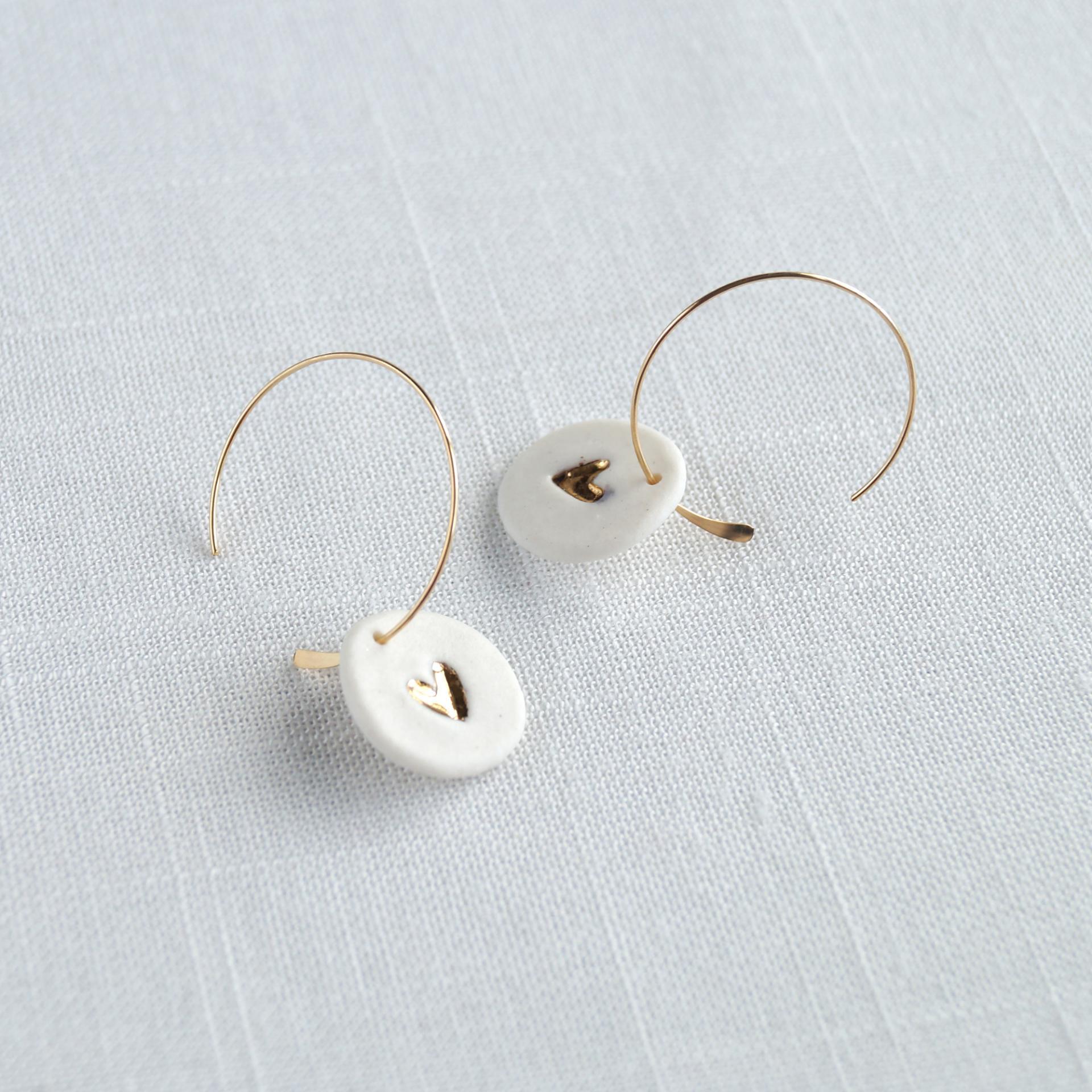 Love drop earrings, gold hoop earrings, white porcelain earrings, porcelain heart earrings, 18th anniversary gift