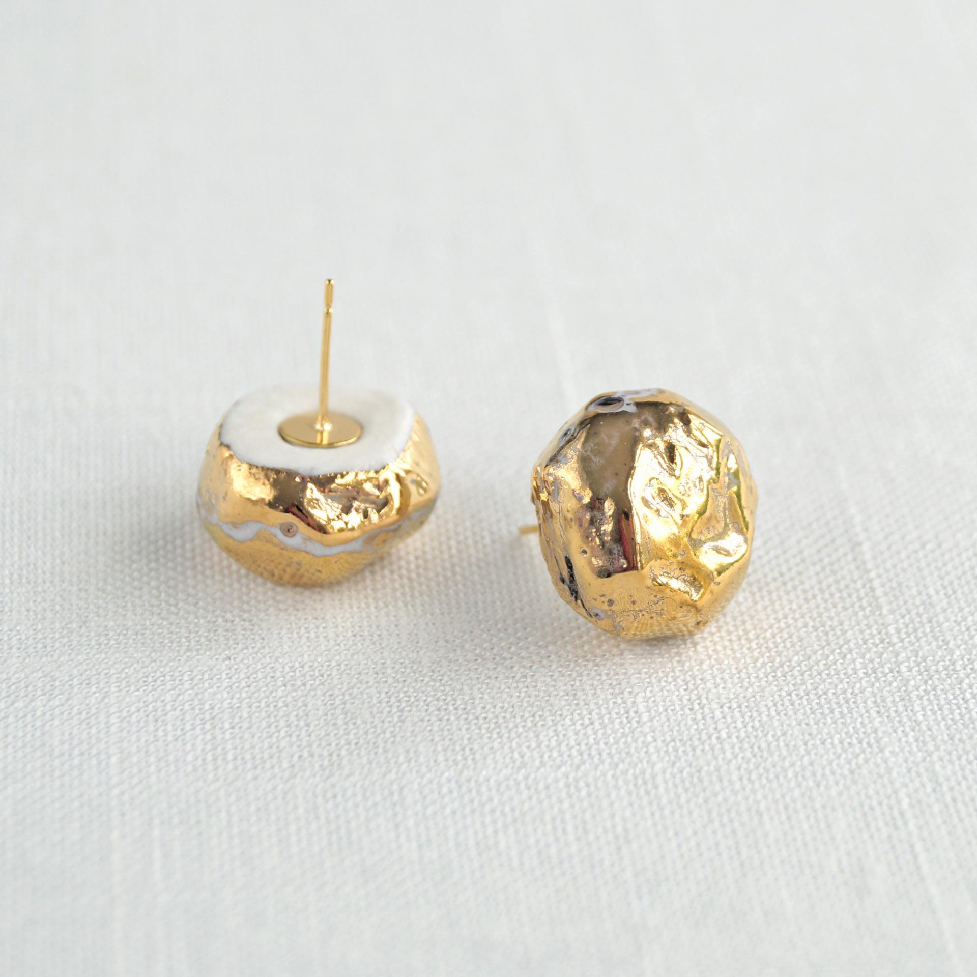 Gold NUGGET stud earrings, white porcelain paper clay, gold pins