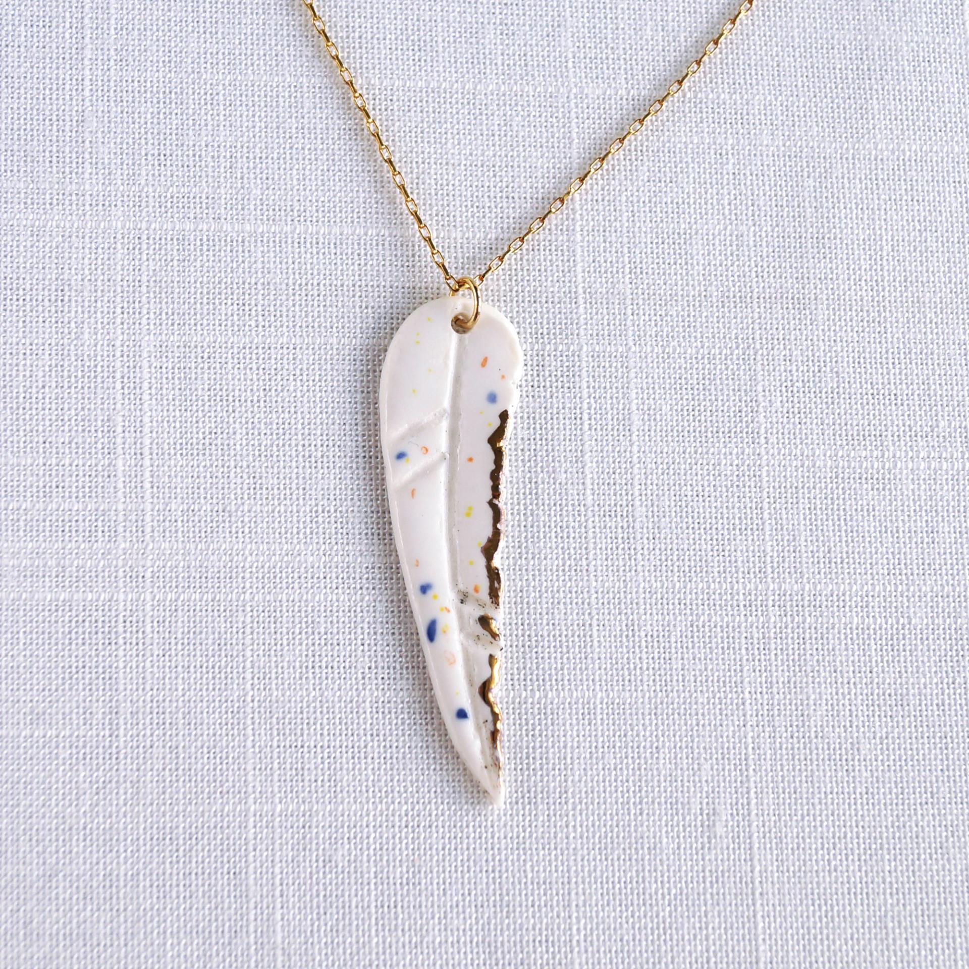 White porcelain feather, dainty feather necklace, gold lustre, 925 sterling silver, gold vermeil, 1st anniversary paper gift,