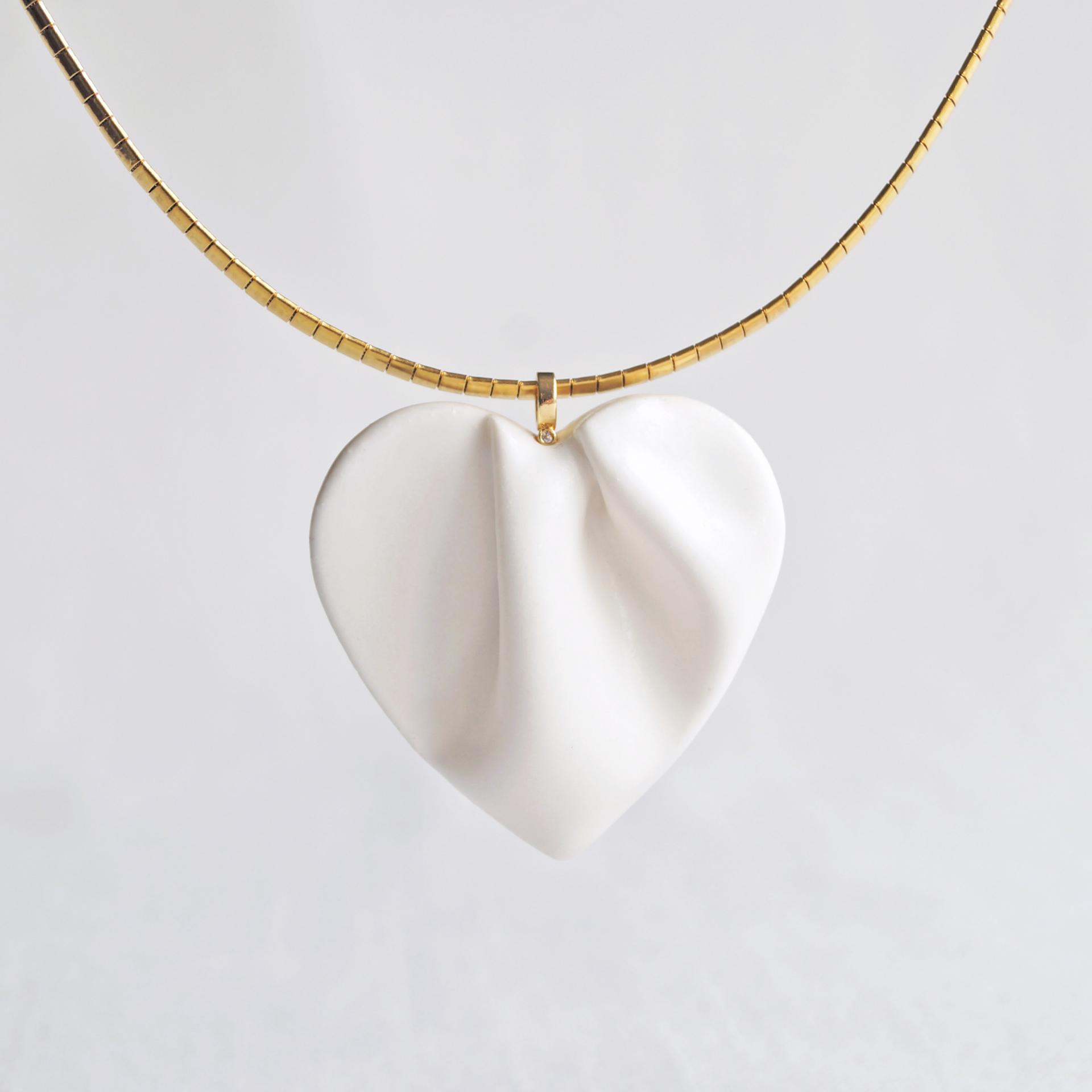 Bride necklace, white satin, draped heart, porcelain heart, heart necklace, gold, stainless steel, omega necklet, 18th weddin