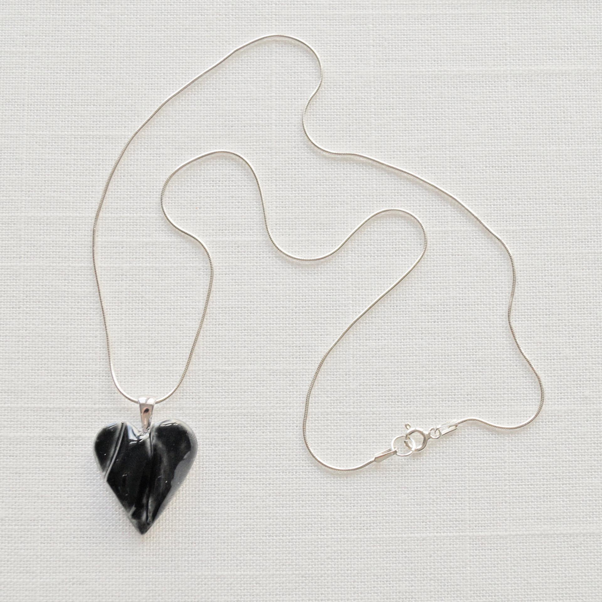Draped porcelain HEART necklace, small black heart necklace, black bride necklace, 925 sterling silver snake chain, 18th porc