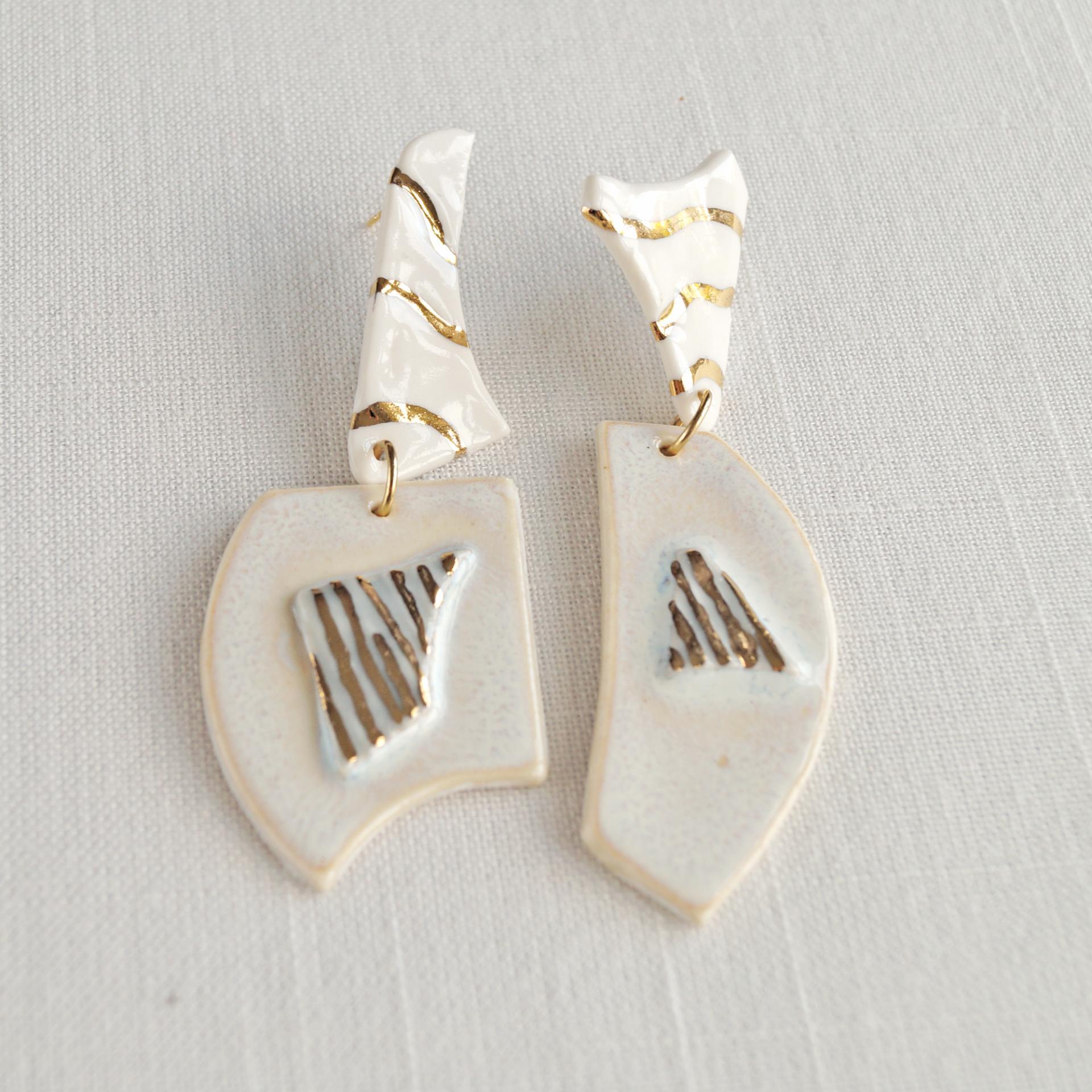 No2, TERRAZZO earrings, mis-matched earrings, porcelain, 24 carat gold, TERRAZZO inspired, mis-matched earrings, gold white p