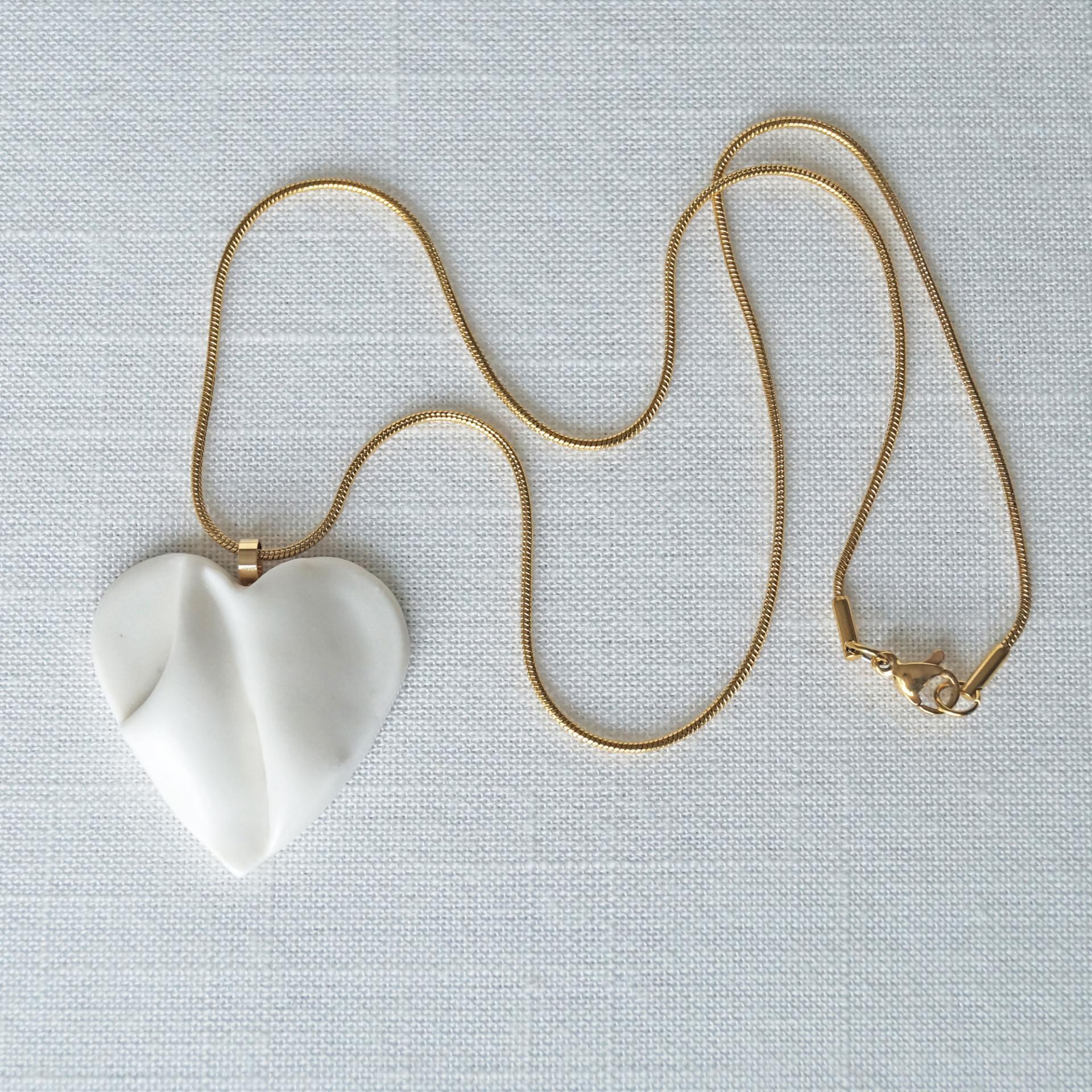 Draped porcelain HEART necklace, medium white porcelain heart, gold, stainless steel snake chain, Bride necklace, white satin