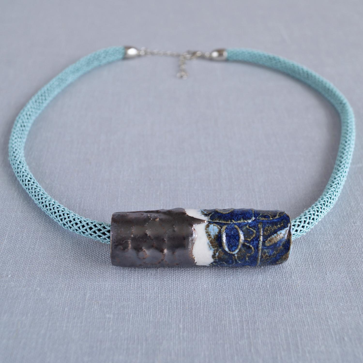 LACE focal bead necklace, porcelain, aqua silk braid