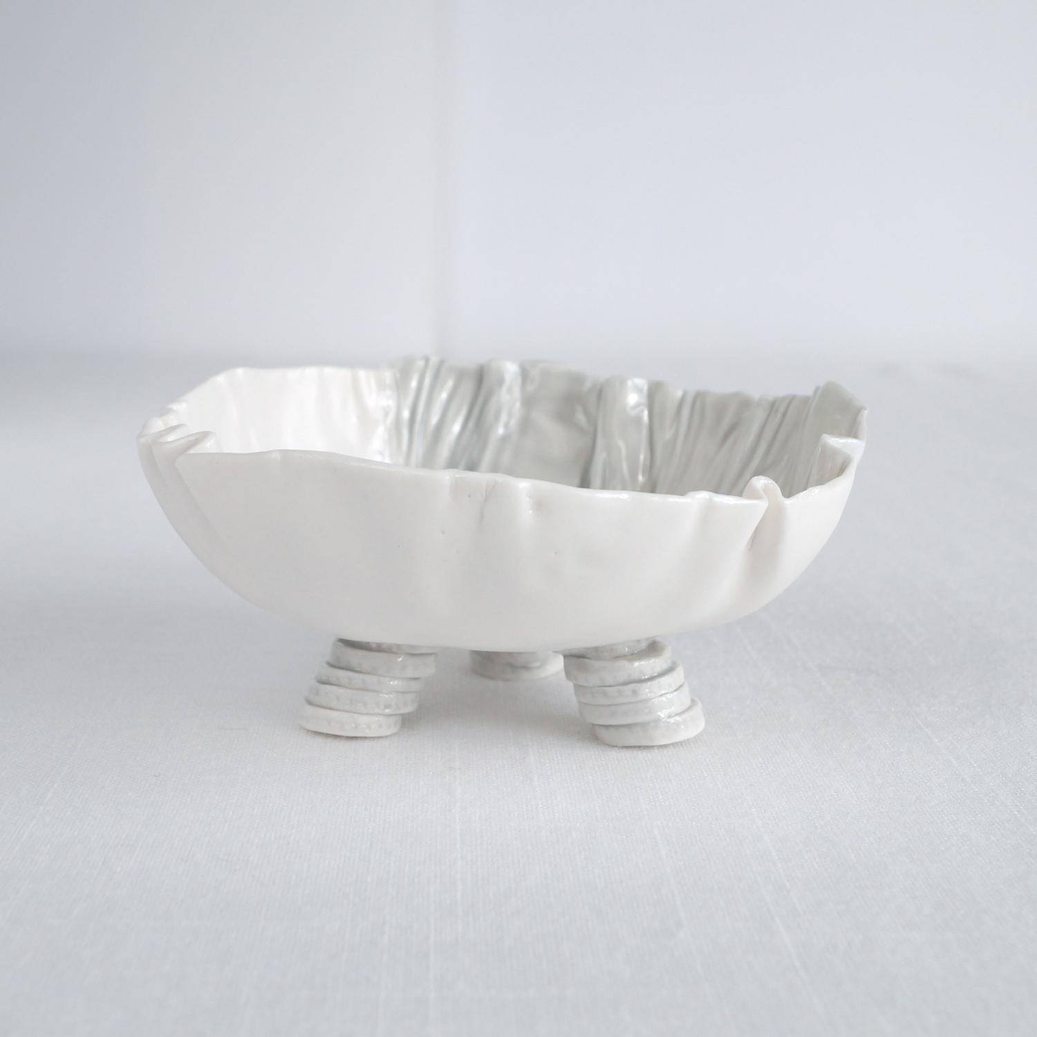 RUCHED No1, freeform bowl, porcelain jewellery bowl, white grey gold, VanillaKiln, UK, hand made jewellery dish, porcelain ri