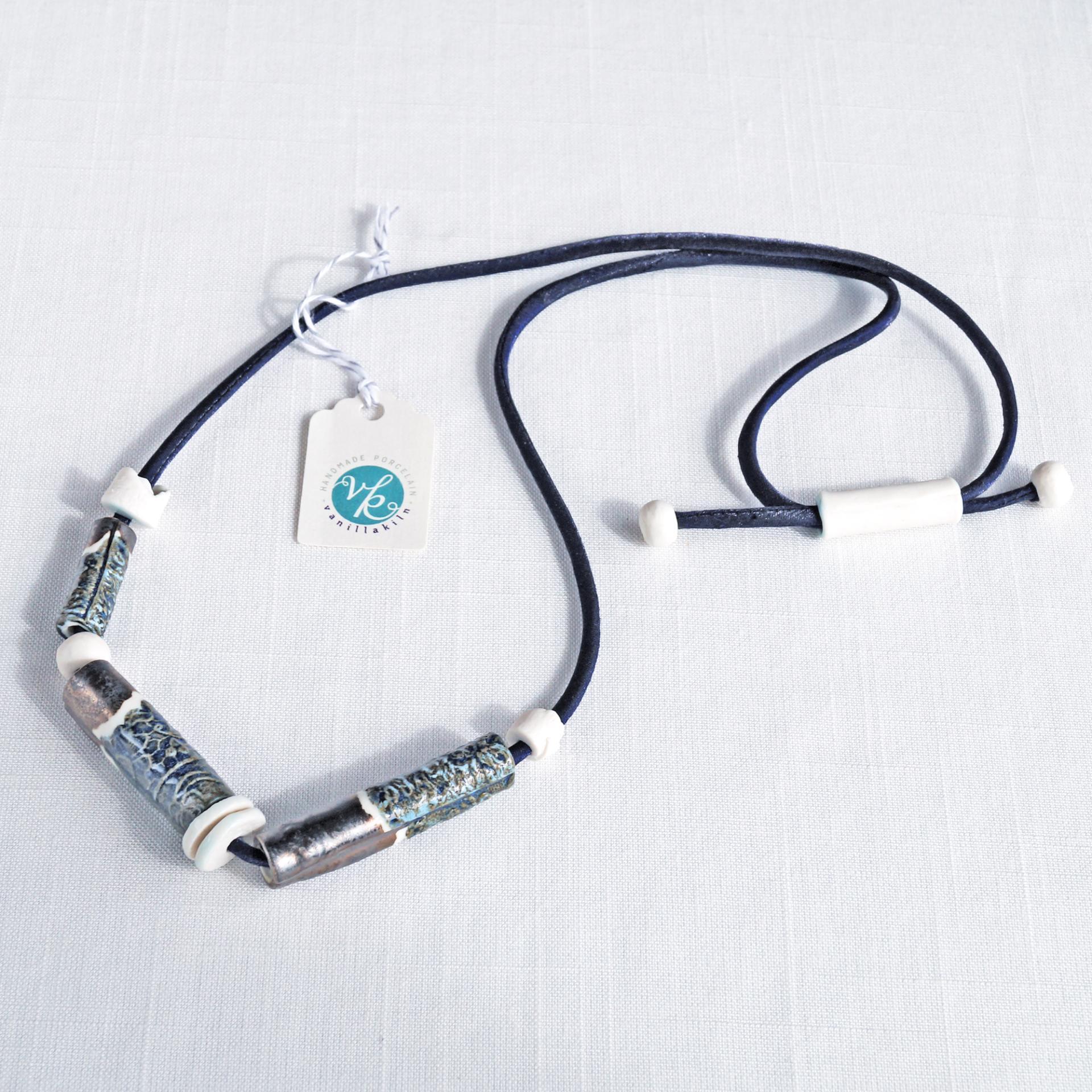 LACE bead necklace, white porcelain necklace, lace beads, blue necklace, bronze, aqua glaze, long dark blue cord, Vanillakiln