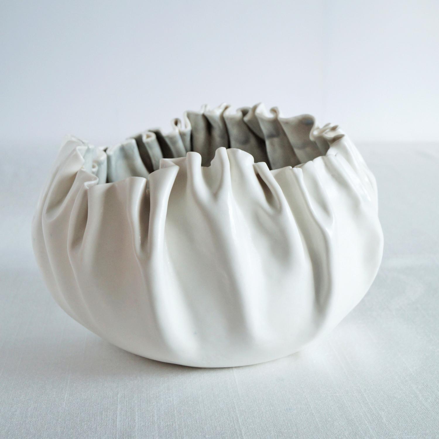 RUFFLED No7, white porcelain bowl, white artisan bowl, artistic bowl, freeform bowl, statement bowl, white fruit bowl, shelf 