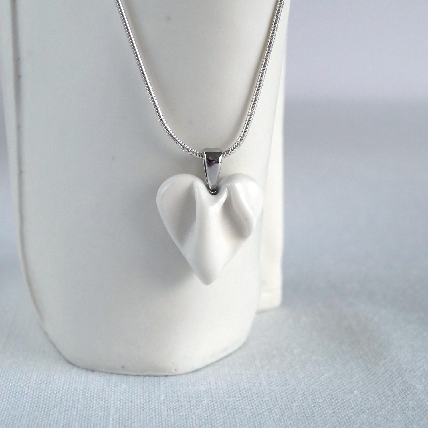 DRAPED heart necklace, small white porcelain heart, bride jewellery, 18th anniversary gift for women, 18th anniversary porcel