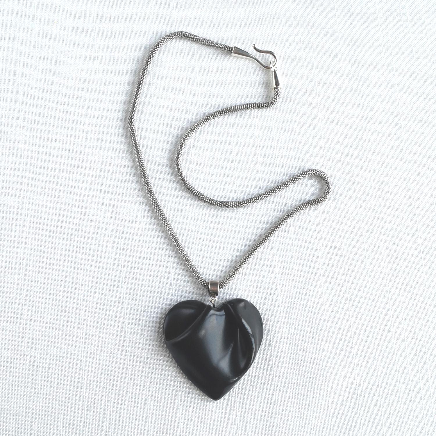 Black heart, porcelain, draped heart necklace, stainless steel, mesh chain, VanillaKiln, Valentines day, 18th anniversary,