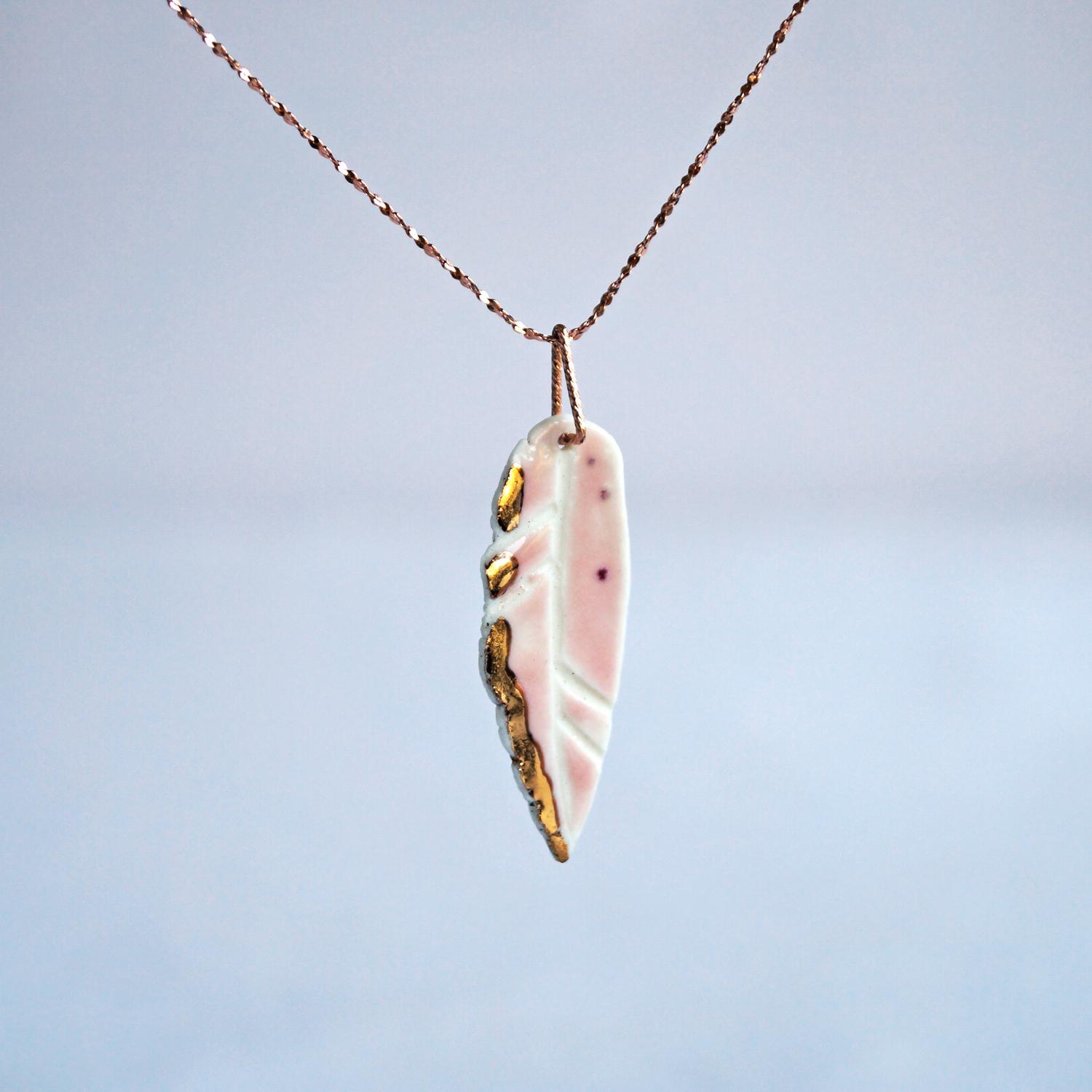 Blush pink porcelain feather necklace rose gold chain Vanillakiln