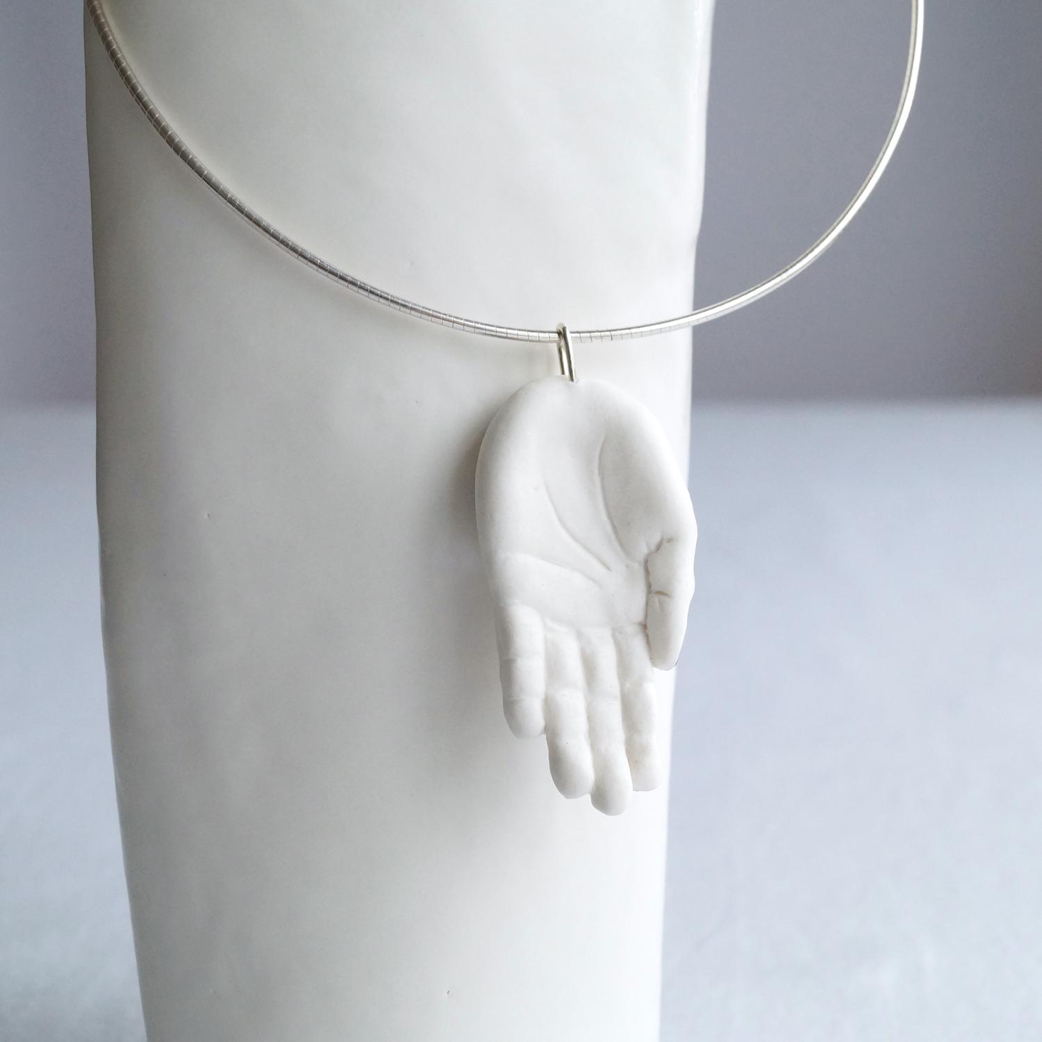 White porcelain hand necklace, hand jewellery, sculpted hand, platinum lustre nails, craft worker gift, white porcelain gift, 18th wedding anniversary, birthday gift, 925 sterling silver, snake chain, omega necklet, 18th anniversary gift for women, 18th anniversary porcelain jewellery, 18th anniversary porcelain necklace, first anniversary paper, 1st paper gift, Valentines day gift, 18th anniversary porcelain necklace, UK, native american hand peace sign,