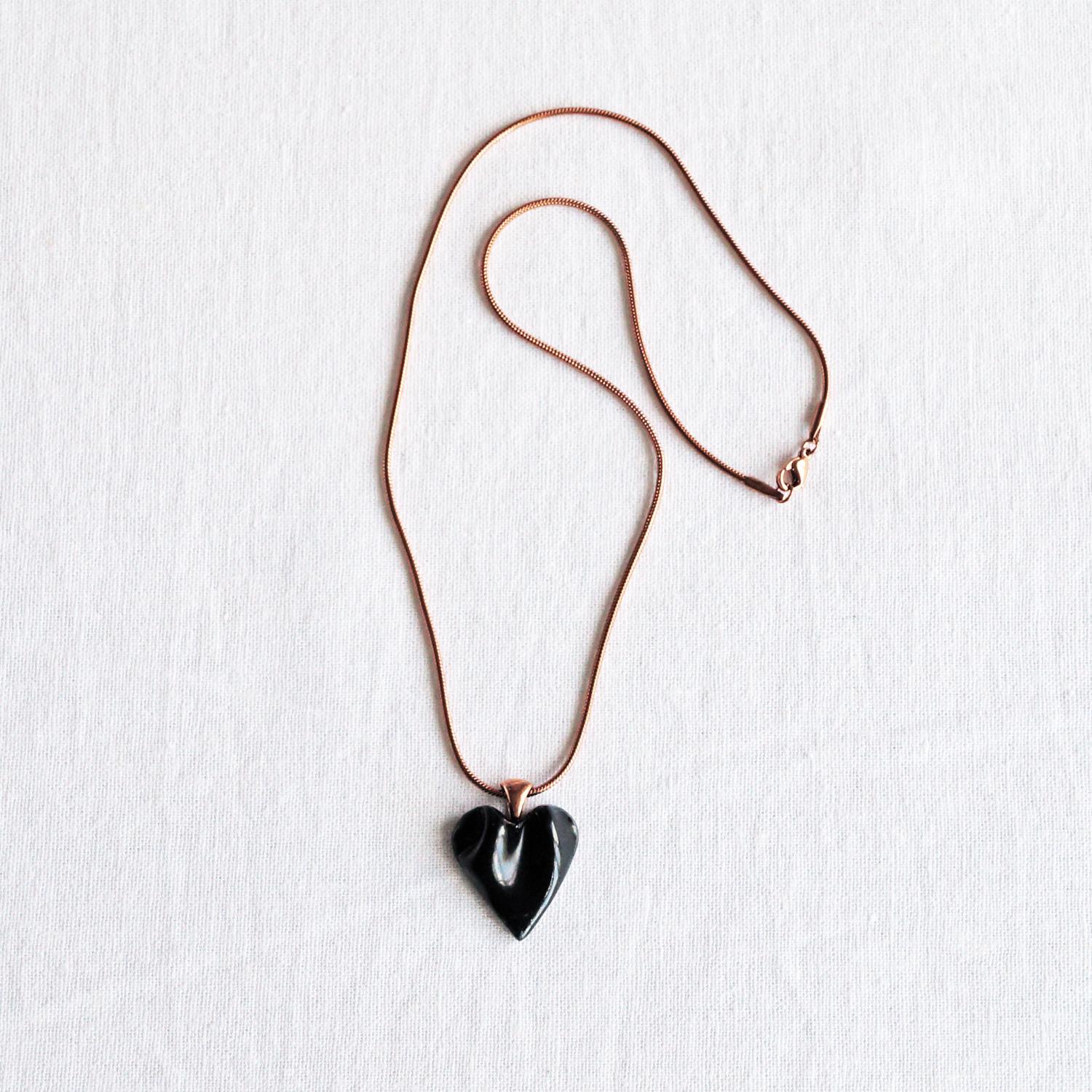 Draped HEART necklace, small black porcelain heart pendant, draped black heart necklace, 304 stainless steel, 11th anniversar