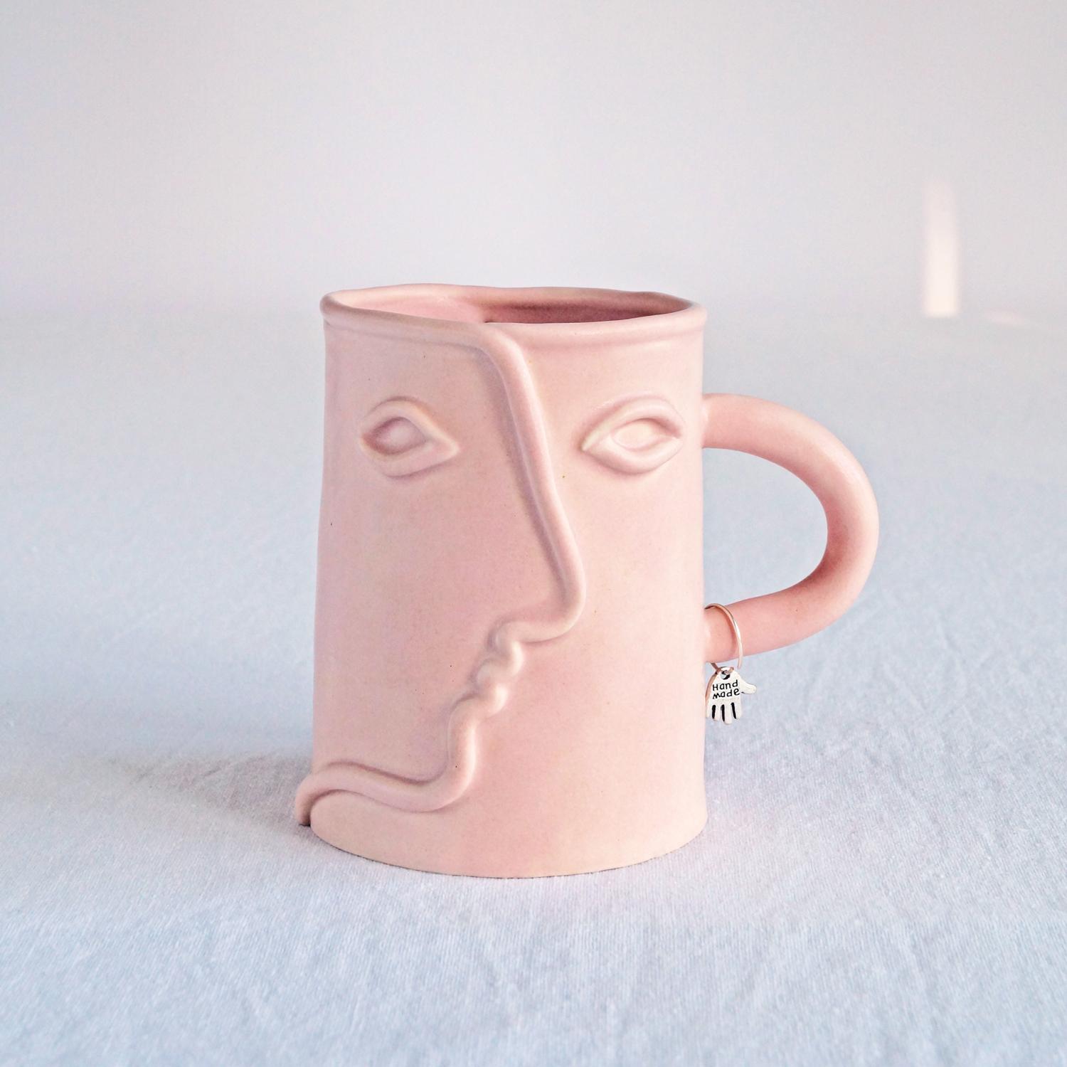 Doug, mug, choose pastel colour, white, mint, orange, pink, grey, porcelain face, ceramics with faces, face mug, mug with fac