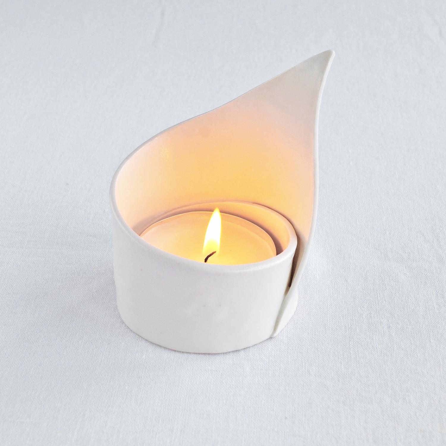 spiral LILY, ceramic candle holder, porcelain tea light holder, satin white, white glaze Vanillakiln, very zen moments,