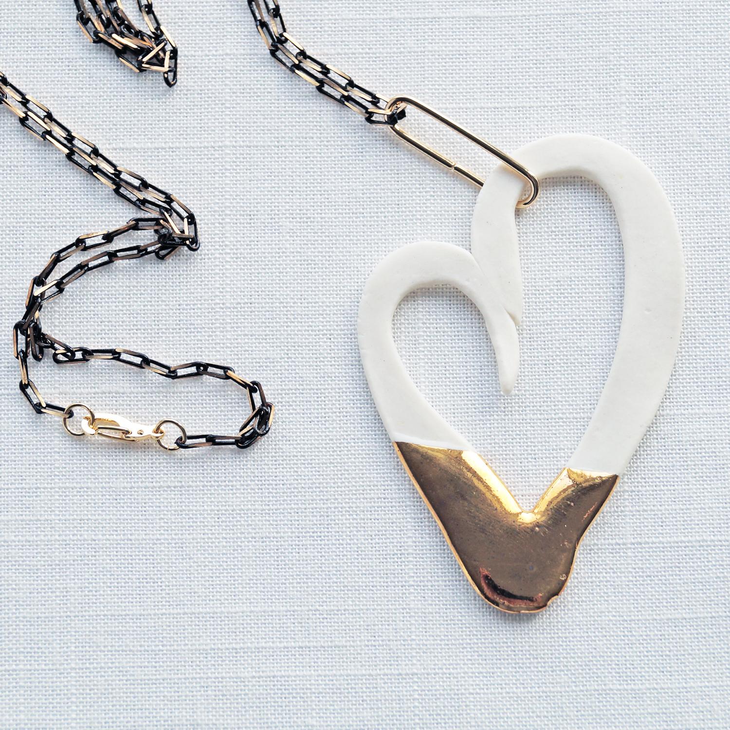 Gold DIPPED porcelain heart necklace, 24 k gold lustre, long contemporary necklace, freeform heart, open heart pendant, gold 