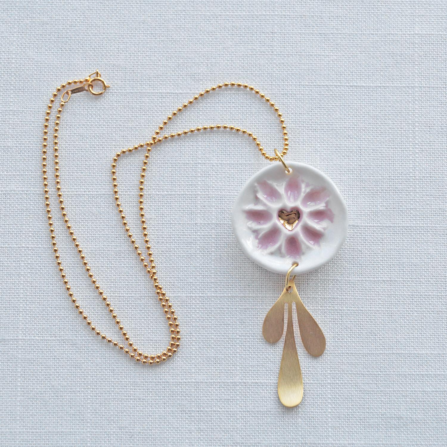 HEART blossom necklace, heart necklace, white porcelain, gold fill bead chain, Vanillakiln, 18th anniversary gift