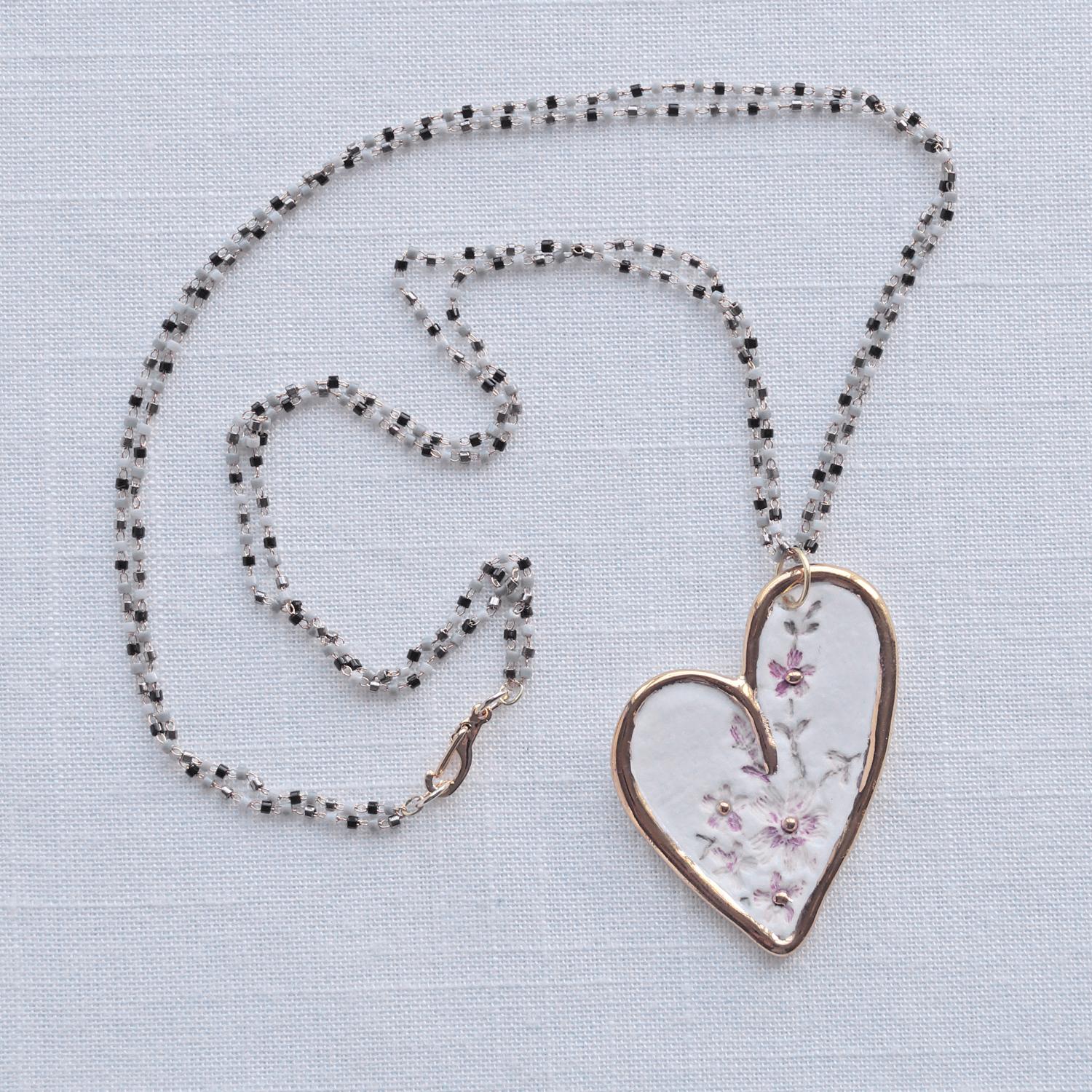 Nostalgic heart, white porcelain necklace, embroidery impressed heart, heart necklace, gold filled, gold lustre, snake chain,