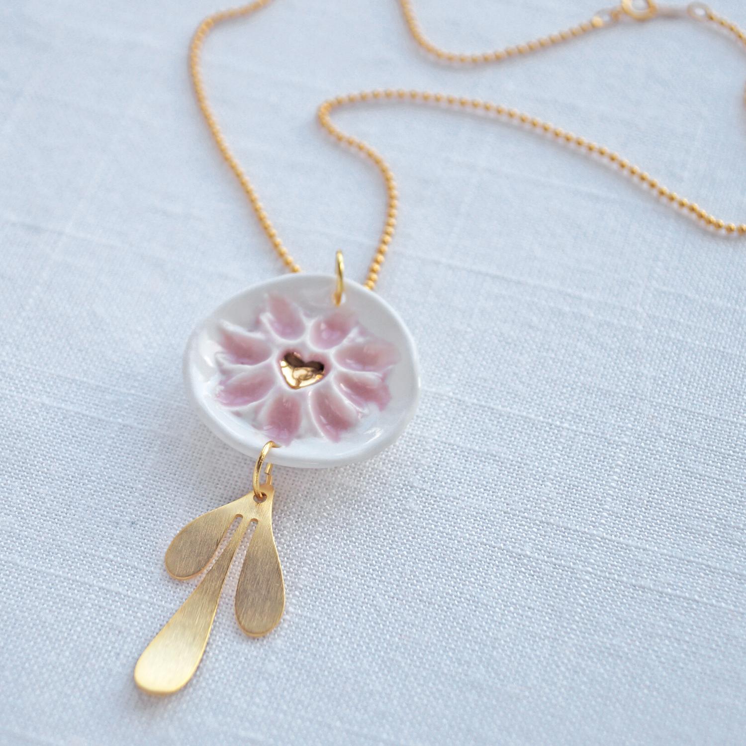 HEART blossom necklace, heart necklace, white porcelain, gold fill bead chain, Vanillakiln, 18th anniversary gift