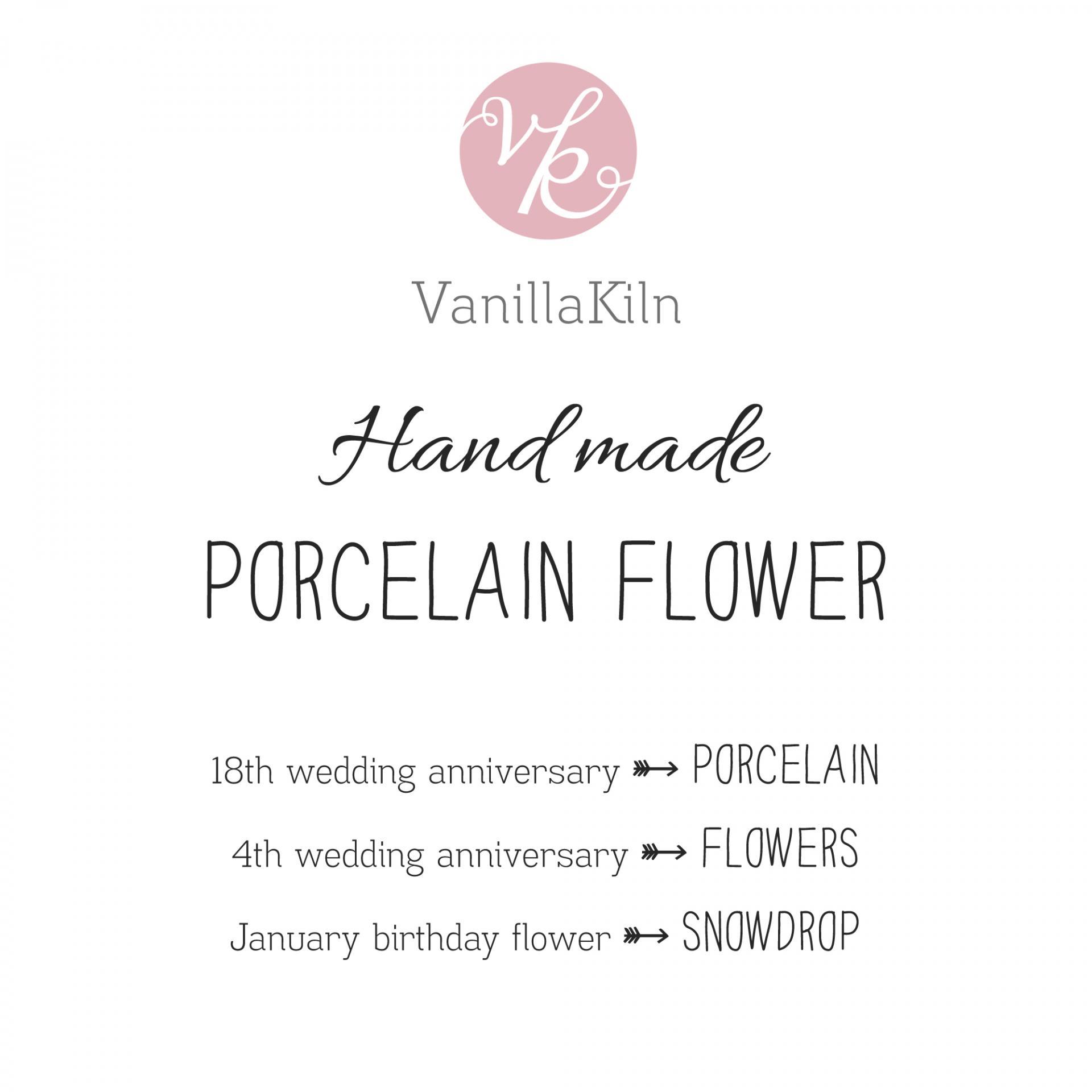 VanillaKiln, hand made porcelain flower, 18th anniversary porcelain, 4th anniversary flowers, January birthday flower snowdro
