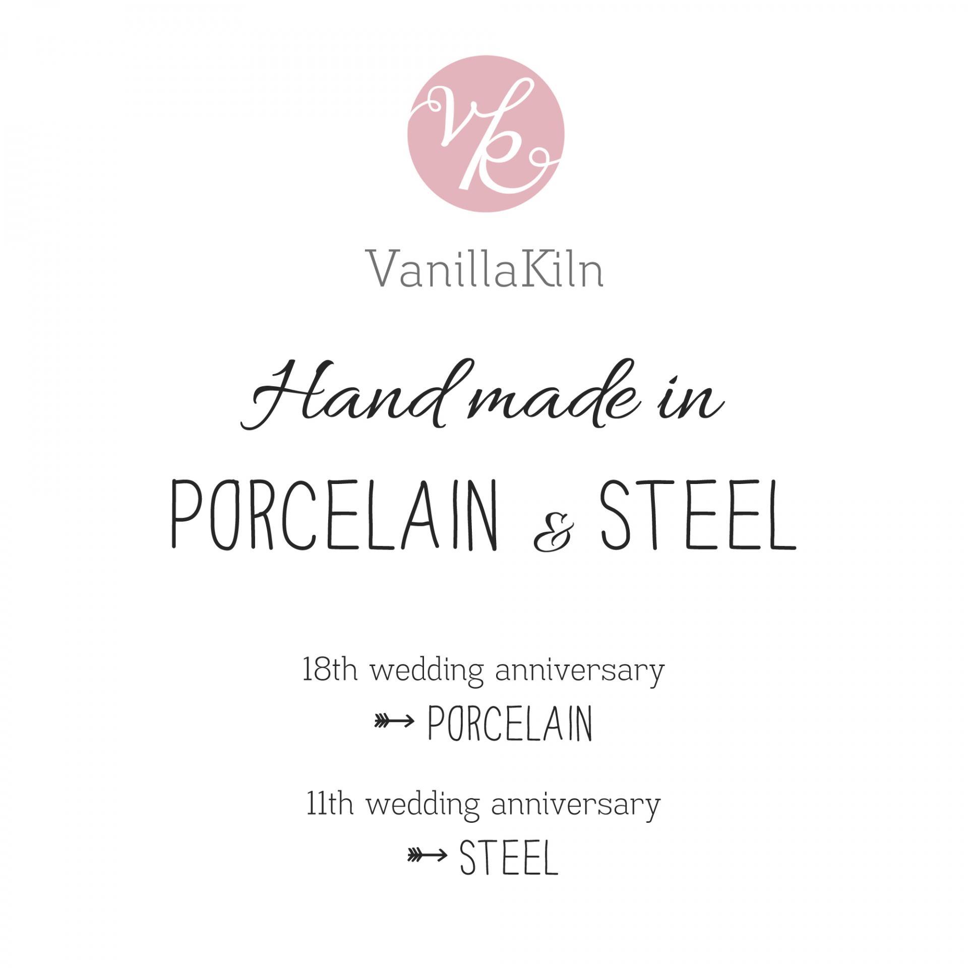  Vanillakiln jewellery, hand made porcelain and steel, 18th anniversary is porcelain, 11th anniversary is steel