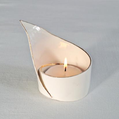 Luxury candle holder, ceramic, spiral LILY, tea light holder, white porcelain, gold lustre, Vanillakiln, zen moments, remembe