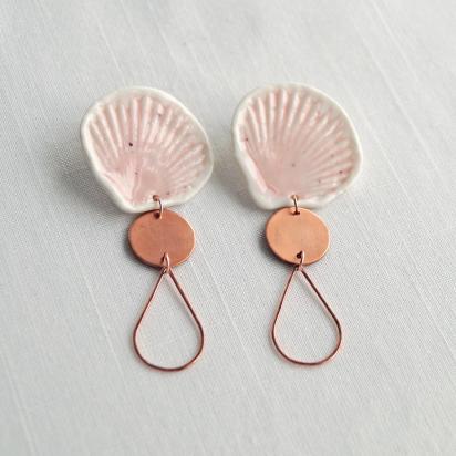 Pink porcelain shells, copper earrings, 925 sterling silver, copper gift, 7th anniversary gift, rose gold vermeil, statement 