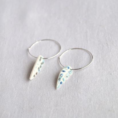Silver hoop earrings, speckled blue, porcelain feather hoops, Vanillakiln, UK, danty earrings, blue earrings, something blue,