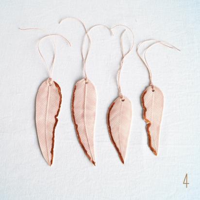 wall hanging decorations, porcelain FEATHER, decorations, pink, copper leaf, copper, white porcelain, Vanillakiln, Christmas 