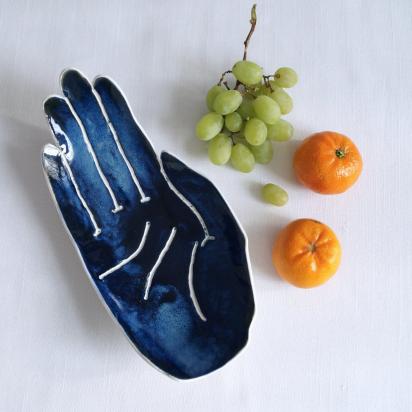PALM, ceramic hand, ceramic fruit bowl, white porcelain, midnight blue, Vanillakiln, decorative bowl, UK, large hand, ceramic bowl, porcelain bowl, 