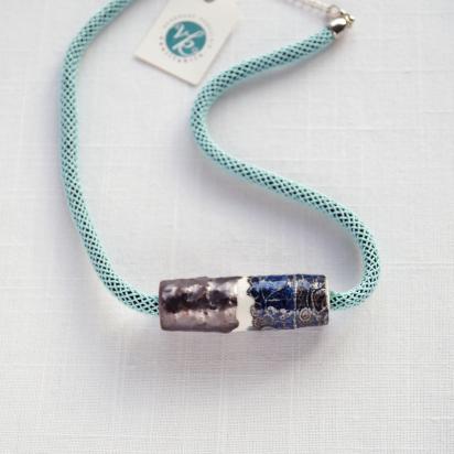 LACE bead necklace, white porcelain, rope necklace, midnight blue, aqua, glaze, silk braided rope, Vanillakiln, Mothers Day,