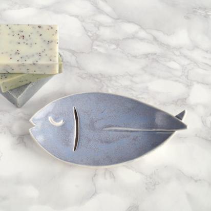 Ceramic FISH soap dish porcelain satin blue grey VanillaKiln