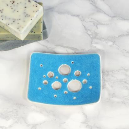 BUBBLE soap dish, blue lake glaze, white porcelain soap dish, ceramic soap dish, draining soap dish, bubble design, ceramic g
