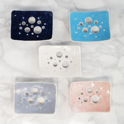 BUBBLE soap dish, white porcelain, ceramic soap dish, draining soap dish, Vanillakiln, bubble design, glaze, UK, drain holes,