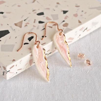 White porcelain, feather earrings, tiny feather earrings, white gold, pink copper, ceramic earrings, 1st anniversary, 18th an