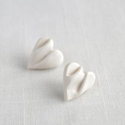 DRAPED heart earrings, white porcelain, 925 sterling silver