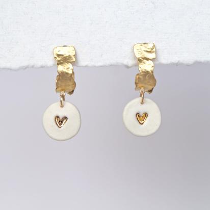LOVE DROP,  porcelain heart earrings, matt gold plated steel, gold heart earrings, hammered gold earrings, white porcelain ea