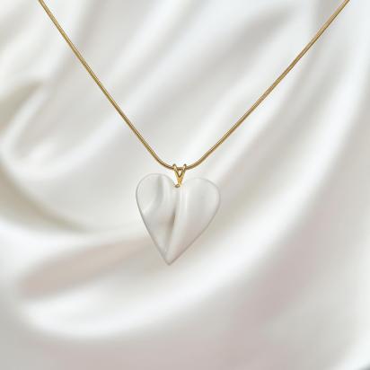 Draped porcelain HEART necklace, small white heart necklace, Bride necklace, satin white glaze, gold vermeil snake chain, wed