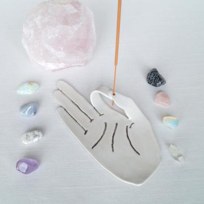 MUDRA incense holder, white glaze, platinum, white ceramic hand, ceramic incense holder, white grey, VanillaKiln, UK, mudra h