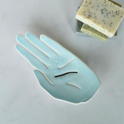 HAND soap dish, pastel aqua, ceramic soap dish, soap dish with holes, white porcelain, Vanillakiln, UK, porcelain hand, ceram