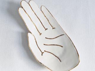 PALM, ceramic hand dish, hand ring dish, white porcelain hand, gold lustre, jewellery storage, Vanillakiln, uk, palm lines,