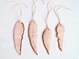wall hanging decorations, porcelain FEATHER, decorations, pink, copper leaf, copper, white porcelain, Vanillakiln, Christmas 
