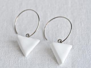 TRIANGLE porcelain earrings, satin white, 925 sterling silver hoops